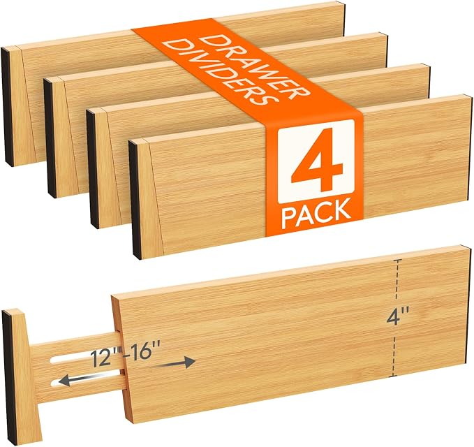 Lifewit 4" High 4 Pack Bamboo Drawer Dividers 31-40cm/12-16 Adjustable Wooden Drawer Organizer for Clothes/Utensils, Expandable Drawer Separator for Dresser/Kitchen/Bedroom/Office Organization