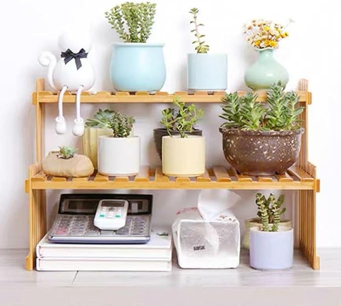 22.8" 2 Tiers Bamboo Plant Stand Shelf,Desk Flower Pot Holder,Adjustable Desktop Shelf Display Organizer Ladder Rack for Office Decorate Desk Shelving Storage Rack,Kitchen Rack (22.8" Length)