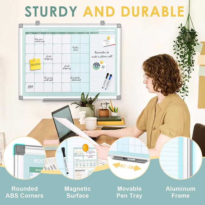 MAKELLO Whiteboard Calendar 36" x 24", Monthly Wall Calendar Dry Erase | Magnetic, Smooth Writing, Easy to Wipe, Aluminum Frame, Wall Mount, Large Whiteboard Calendar, Family, Home, Kitchen, Memo