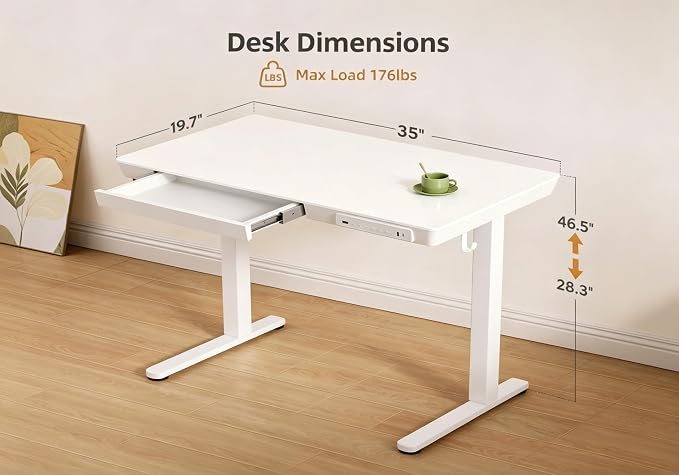 Claiks Small Glass Standing Desk with Drawers & USB Ports 35x19 White | 3 Steps Quick Install, Buil in Drawer, USB Ports, Ultra White One-Piece Glass Top, Writable Top