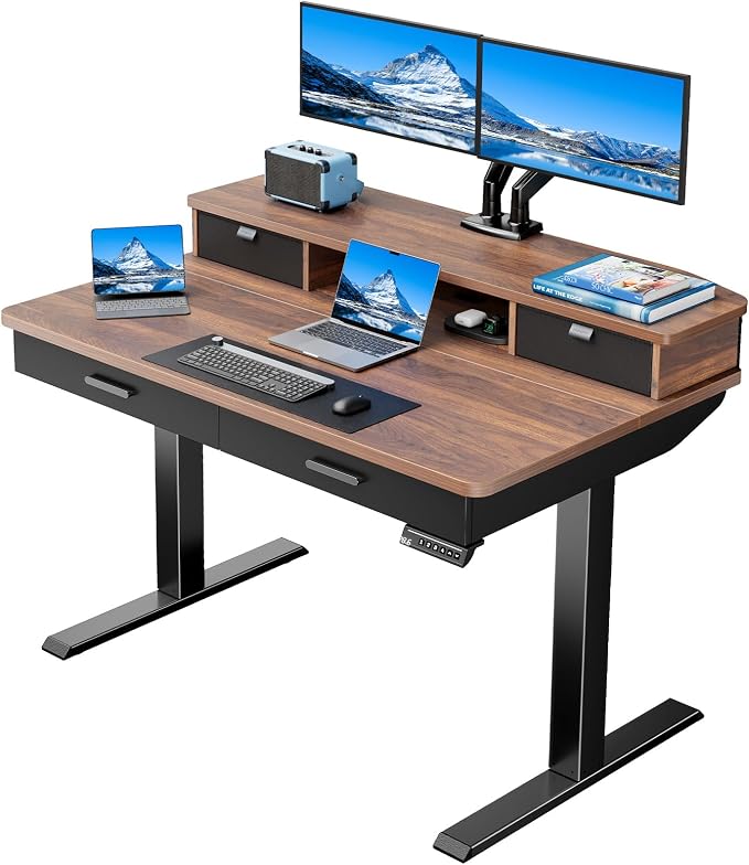 HUANUO 48 x 30 inch Electric Standing Desk with 4 Drawers, Walnut | Deeper 30 Inch Desktop, Cable Tray, Monitor Mount Support, Grommet Routing, 27.9–46.8 Inch Height Range, Home Office Use