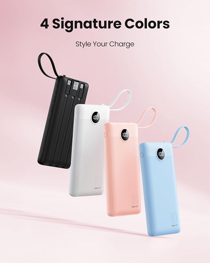 Portable Power Bank, 10000mAh Slim Portable Charger with Built-in Cables, External Battery Pack 5 Outputs 2 Inputs LED Display Compatible with iPhone/Android & More (White)