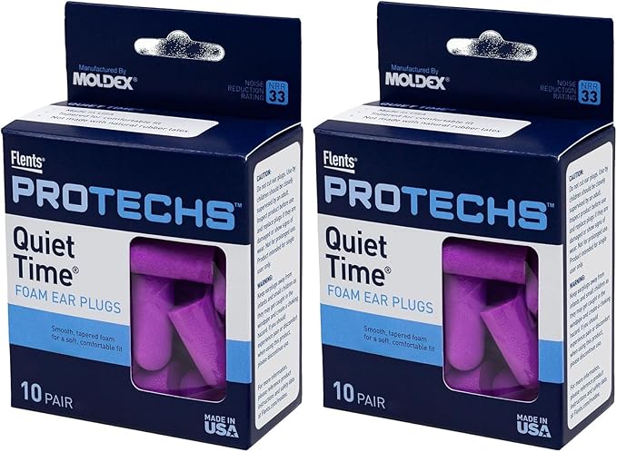 Flents Protechs Foam Ear Plugs, 10 Pair with Case for Sleeping, Snoring, Loud Noise, Traveling, Concerts, Construction, Studying, Work, Shooting, NRR 33, Purple,Disposable, Made in the USA (Pack of 2)