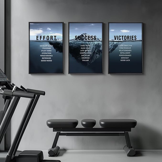 Framed Motivational Wall Art for Office Decor, Set of 3 Inspirational Modern Iceberg Canvas Wall Art Prints, Navy Blue Positive Quotes Pictures for Home Office Gym Library Wall Decor, 16x24 Inch
