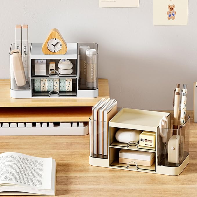 Desk Organizer with Pen Holder and 2 Drawers, Office Organizer, Desktop Organizer for Desk, Office, School, Home (White)