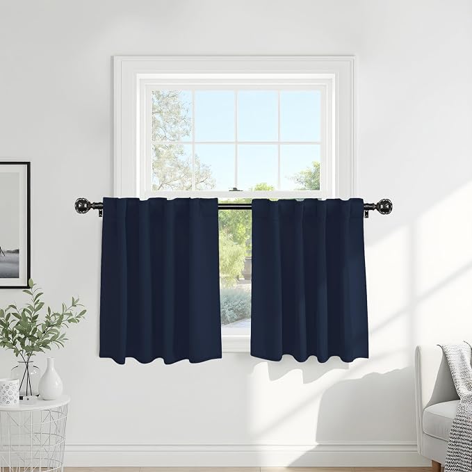 PONY DANCE Small Window Curtains - 36 inch Length Short Kitchen Curtain Tiers Rod Pocket Blackout Panels for Basement/Bedroom, W 42" x L 36", Navy Blue, 2 Pieces