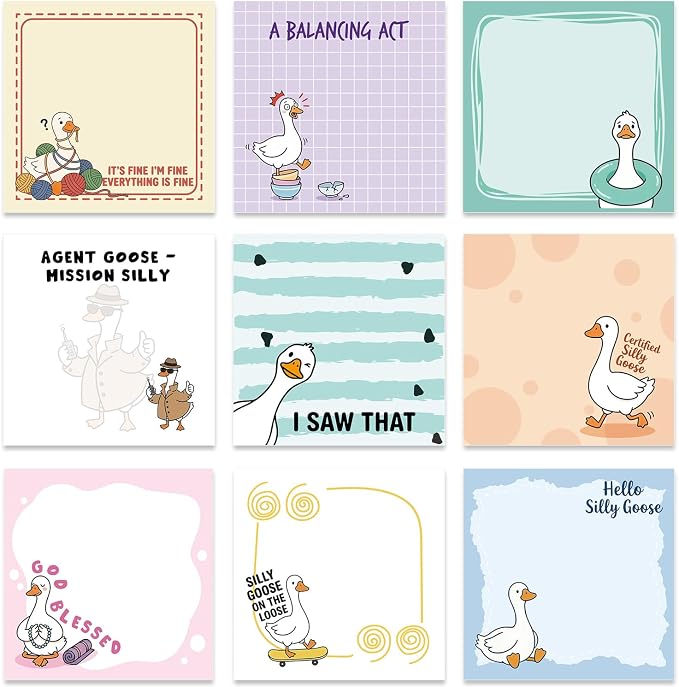 Funny Sticky Notes Gifts - 9 Pack Funny Goose Notepads 3x3 Inch Silly Office Gifts, Foolish Goose Work Gag Self-Stick Memo Pads Supplies for Friends Coworkers, 450 Sheets