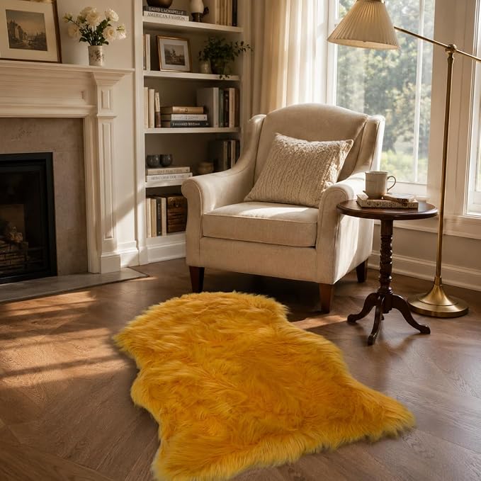 EasyJoy Faux Sheepskin Rug, Fluffy Faux Fur Rug, Ultra Soft Shag Area Rug with Non-Slip Backing for Bedroom, Living Room, Nursery, Kids Room(2 x 3 ft Sheepskin, Golden Yellow)