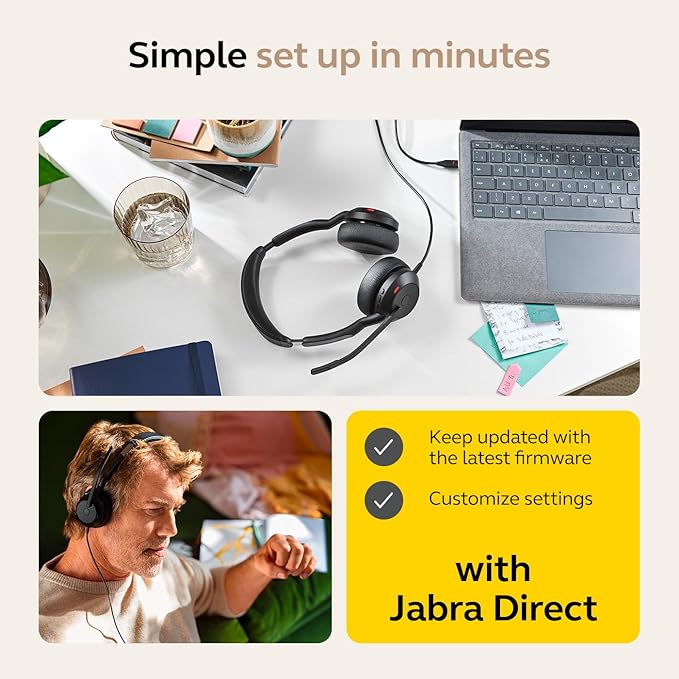 Jabra Evolve2 50 Wired Dual-Ear Headset - Noise Cancelling Headphones, Bluetooth Headset for Work with Noise Cancelling Microphones, Goes with Online Meeting Platforms Like Zoom & Google, Black