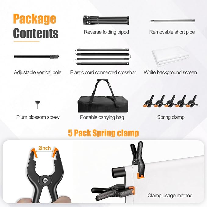 White Backdrop Stand Kit 5x6.5ft with T-Shaped Stand, White Screen Background with Reverse Folding Base Portable Carrying Bag and 5 Clamps for Photography Streaming, Gaming, Video Recording