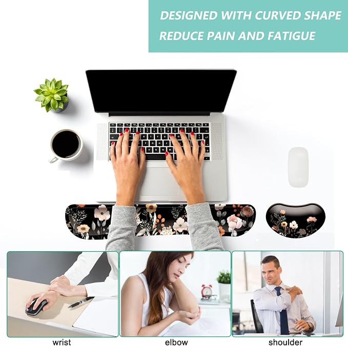 Keyboard Wrist Rest Mouse Wrist Support Set, Memory Foam Wrist Rest Pad for Computer Laptop Keyboard Mouse, Ergonomic Wrist Cushion Support for Typing Pain Relief, Gaming Home Office, Flower Black