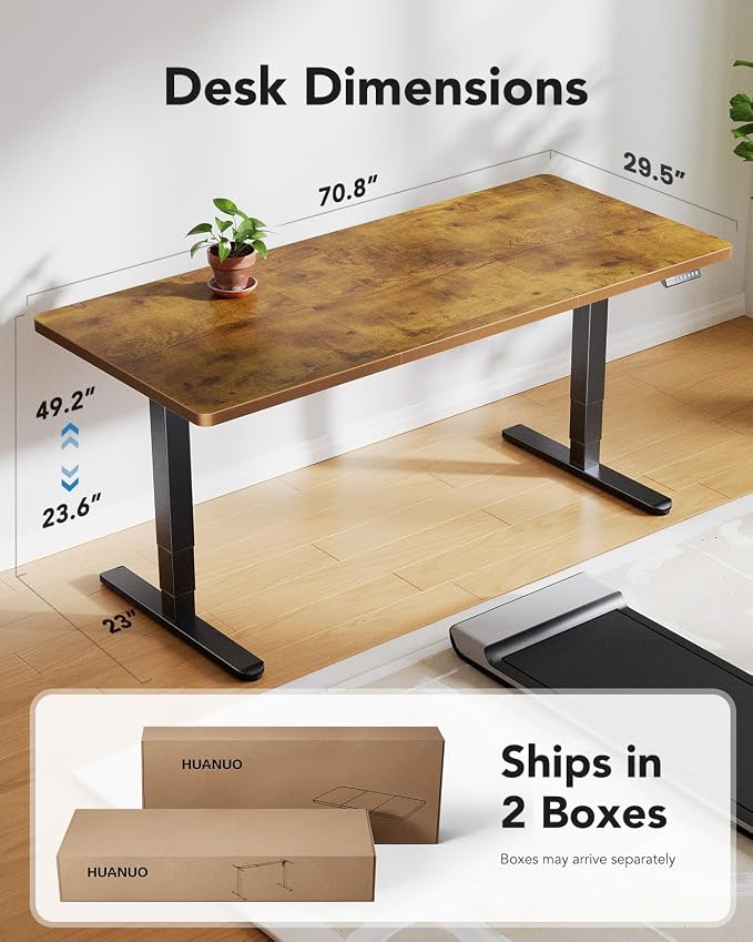 HUANUO 71x30 Inch 3-Stage Legs Electric Standing Desk,Large Height Adjustable Office Desk with Brushless Motor,Stand Up Desk with 4 Memory Presets & 2 Hooks,Computer Desk for Home Office,Vintage Brown