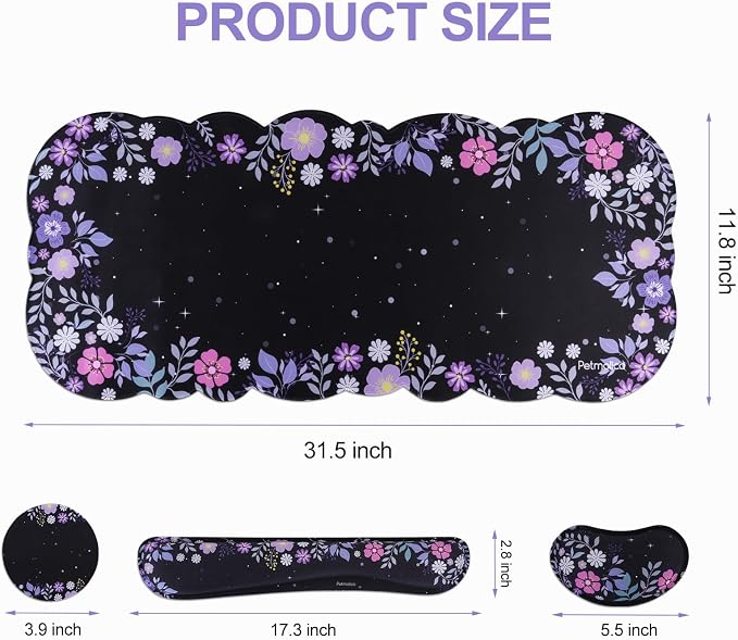 Petmolico Desk Pad Set with Wrist Rest for Keyboard & Mouse, Purple Floral | Anti-slip PU base, durable Lycra & memory foam, relieves wrist fatigue, perfect for work, home & daily use