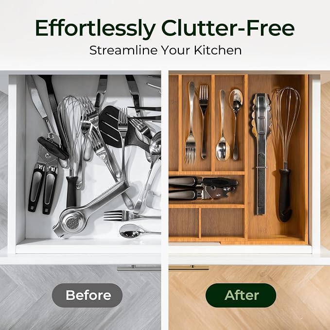 keechee Carbonized Large Bamboo Kitchen Drawer Organizer, 12 Slots Expandable Silverware Organizer, Utensil Holder & Cutlery Tray, 2.5" Deep for Extra Capacity, Non-Slip Feet Included