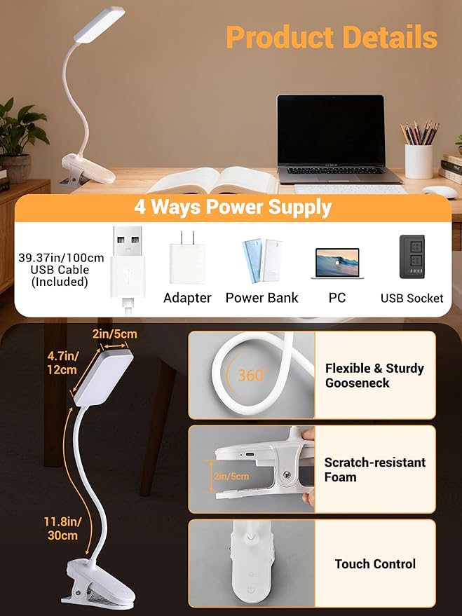 Clip on Light,45 Lighting Modes Rechargeable Desk Lamp with Clamp | 4000mAh Battery Operated Lamp,450 lm 48 LED Desk Light,Wireless & Cordless Reading Light for Bed/Bedside Table/Headboard/Dorm