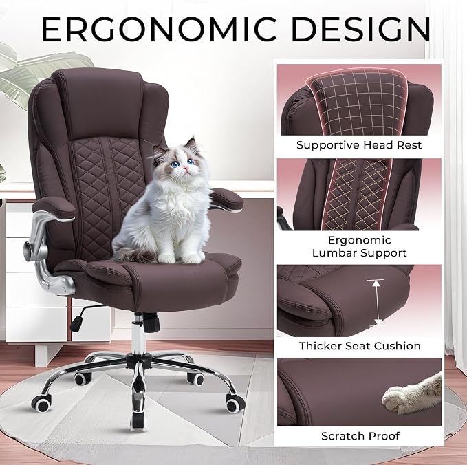 400lbs Executive Office Chair with Flip-Up Armrests, Big and Tall Computer Chair for Heavy People, Heavy Duty Ergonomic Comfy Chair, Breathable PU Leather (Darkbrown)