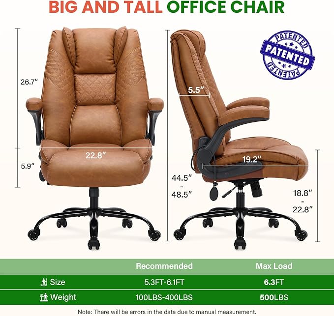 CIOMAN 500lbs Big and Tall Office Chair with Inflatable Lumbar Support, Rubber Wheels Executive Chair with Rocking Function, High Back Wide Cushion Ergonomic Desk Chair for All-Day Sitting,Brown