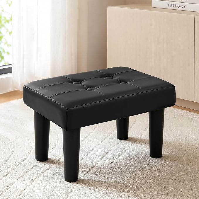 CAROLMADE Footstool Ottoman with Legs, PVC Small Foot Rest Under Desk, Ottoman with Storage for Living Room, Bedroom, Entryway Black