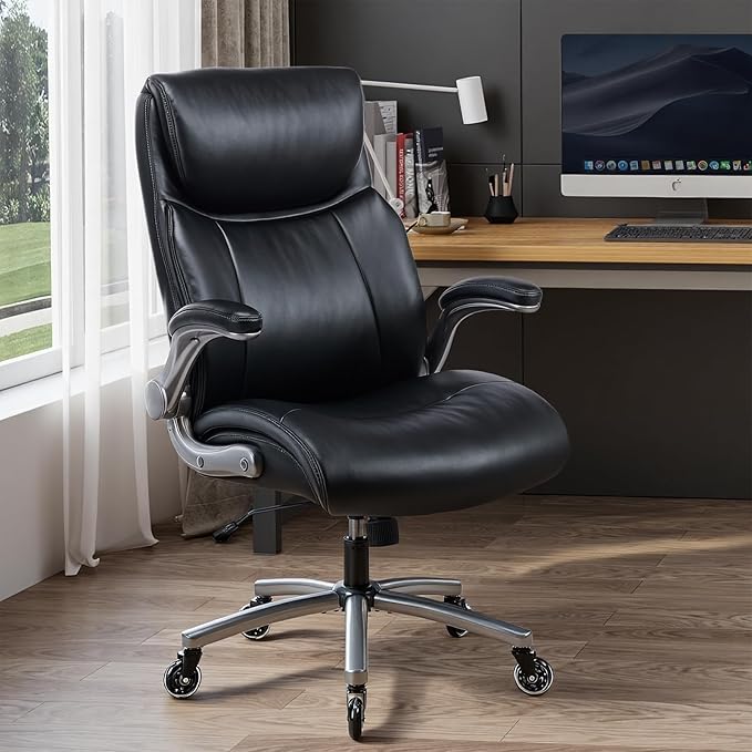 MALOL Ergonomic High-Back PU Leather Executive Office Chairs, Heavy Duty Home Computer Chair with Lumbar Support and Flip-Up Arms, 300lbs, Black