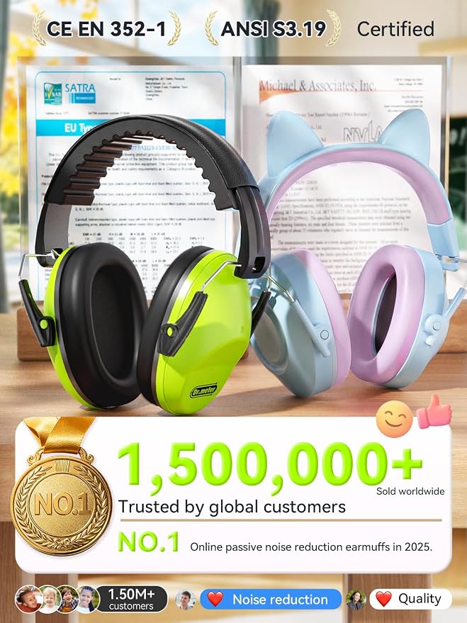Dr.meter Kids Ear Protection Ear Muffs: 32dB SNR Noise Cancelling Headphones for Kids, Adjustable Noise Reduction Hearing Protection for Autism Sensory, Fireworks, Concert w/Fun Stickers