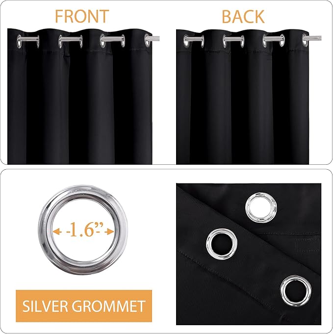 RYB HOME Soundproof Curtains for Bedroom - 3 Layers 100% Blackout Noise Cancelling Thermal Insulted Curtains for Living Room Home Theatre Office Window Decor, W 42 x L 63 inch, Black, 1 Pair