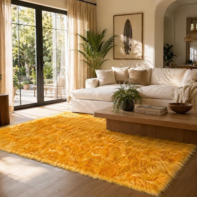 EasyJoy Faux Sheepskin Rug, Fluffy Faux Fur Rug, Ultra Soft Shag Area Rug with Non-Slip Backing for Bedroom, Living Room, Nursery, Kids Room(4 x 6 ft Rectangle, Golden Yellow)