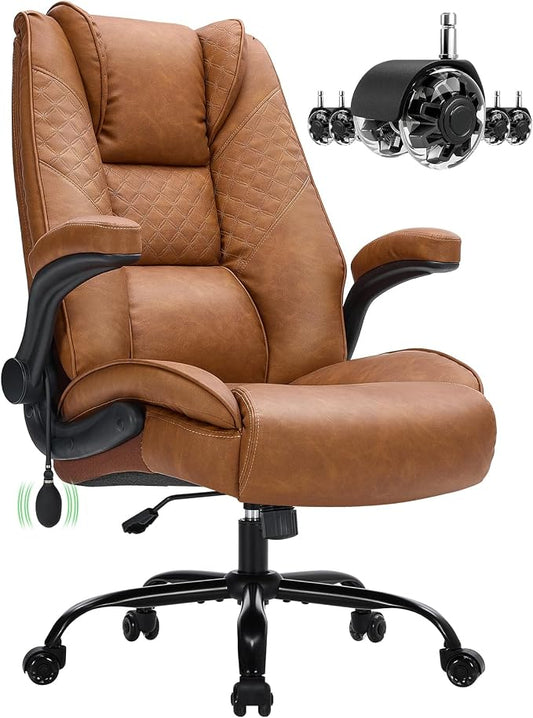 CIOMAN 500lbs Big and Tall Office Chair with Inflatable Lumbar Support, Rubber Wheels Executive Chair with Rocking Function, High Back Wide Cushion Ergonomic Desk Chair for All-Day Sitting,Brown