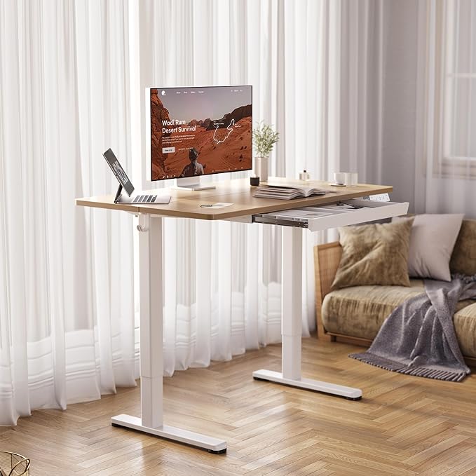 YDN Electric Standing Desk 48 x 24 Inch with Drawer Natural | Industrial steel frame supports 176Lbs, 28.3 to 46.5 inch height range, 3 memory presets, 45dB quiet motor