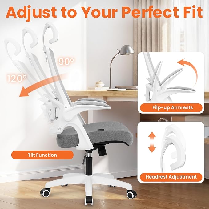 NEO CHAIR Office Desk Chair Gaming Computer High Back Support Mesh Comfy Seat with Adjustable Ergonomic Headrest Lumbar Rolling Flip-up Armrests and Wheels (Grey)