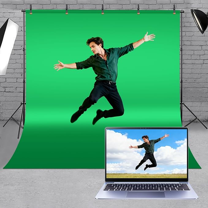 Green Screen Backdrop Kit, 10 x 6.5 Ft Portable Green Screen with T-Shaped Stand, Carrying Bag, 5 Clamps, Photography Greenscreen Background Kit for Streaming, Gaming, Zoom