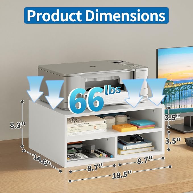 ALISENED Printer Stand for Desk, 2-Tier Wooden Desk Organizer with Adjustable Compartments, Heavy Duty Desktop Stand for Printer Scanner Monitor, Space Saving Office Organization and Storage, White