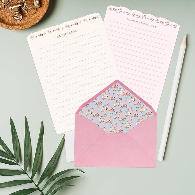 KSIWRE Stationary Paper and Envelopes Set, 24 PCS Writing Stationery Paper with 12 PCS Envelopes, Warm Floral Themed Envelope and Stationery Design for Invitations Gift Decorations Holiday Party