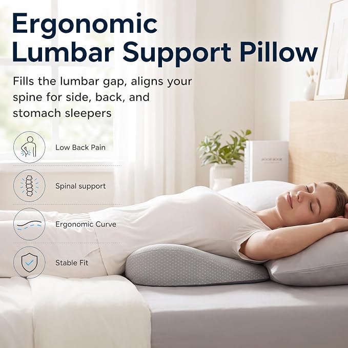 Memory Foam Lumbar Support Pillow for Bed with Ergonomic Wedge Design | Non-slip lower back pillow Back Pain Relief Cushion with Removable cover Elevated Lower Back Pillow for side, back Sleepers