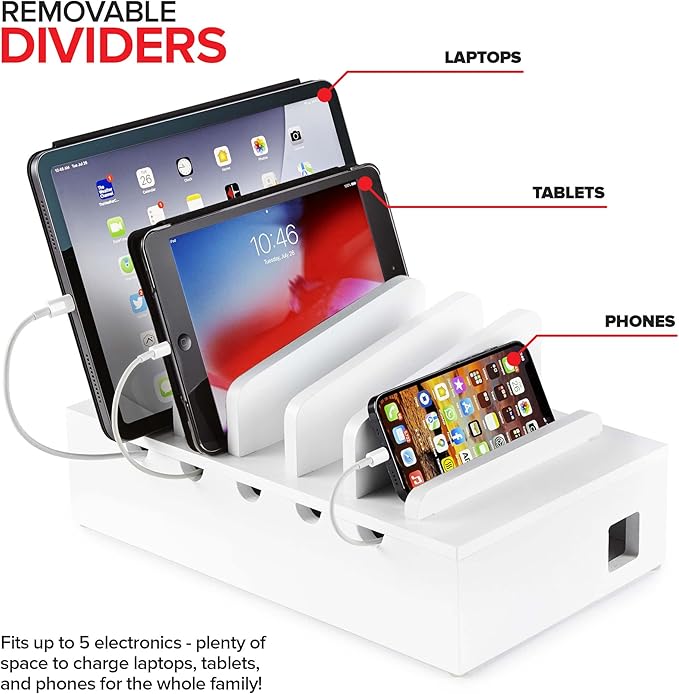 Modern Innovations Bamboo Charging Station for Multiple Devices (White) Wood Device Organizer, Desk Docking Stand for Cell-Phone Charger, Compatible with Apple, Android, iPad, iPhone, Tablet, Laptop