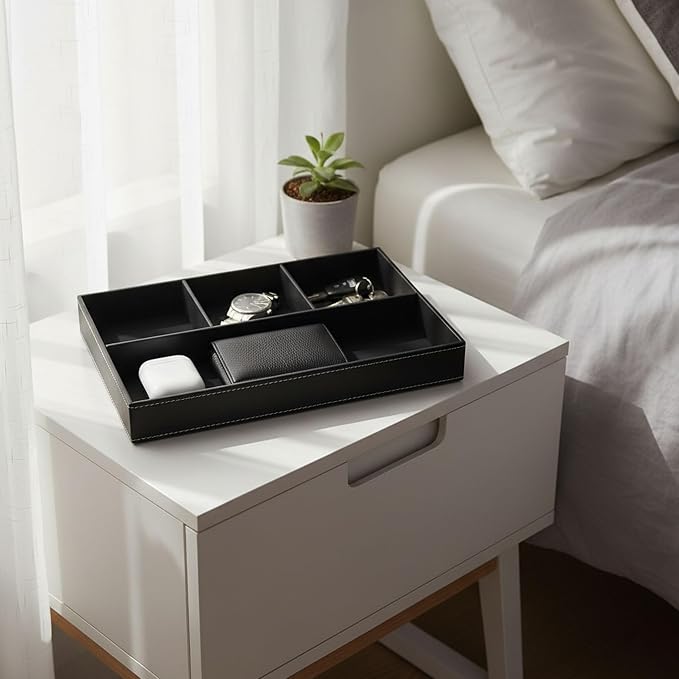 Leather Valet Organizer Nightstand & Dresser Storage Tray (Black) | Stackable, Entryway Desk Catchall Tray for Keys Wallet Watch Phone, Bedside Desktop PU Leather Drawer Caddy Tray for Men