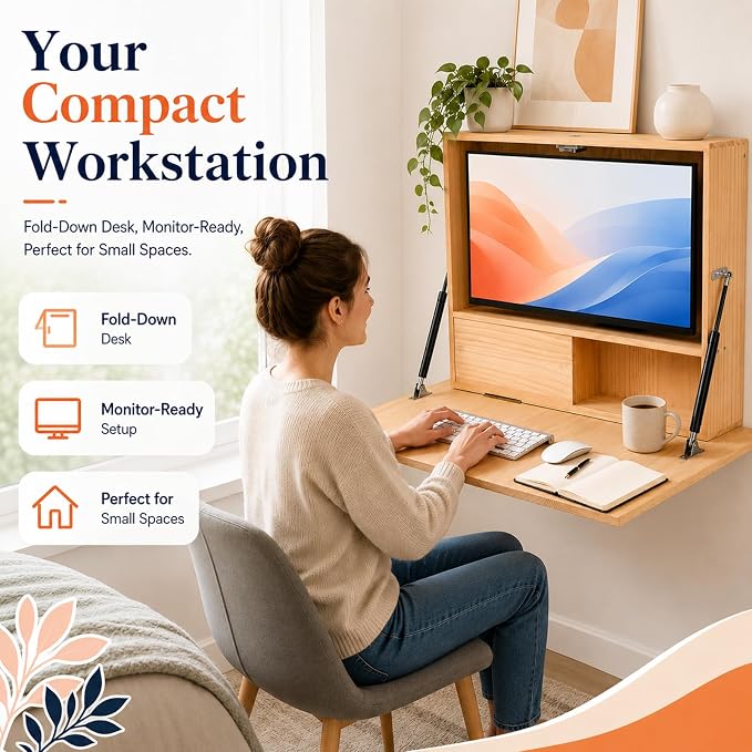 31 Inch Wall Mounted Folding Desk with Storage & Monitor Mount, Floating Fold Down Desk with Dual Gas Struts, Lockable Space Saving Desk, 200 lb Capacity for Home Office, Bedroom and Apartments