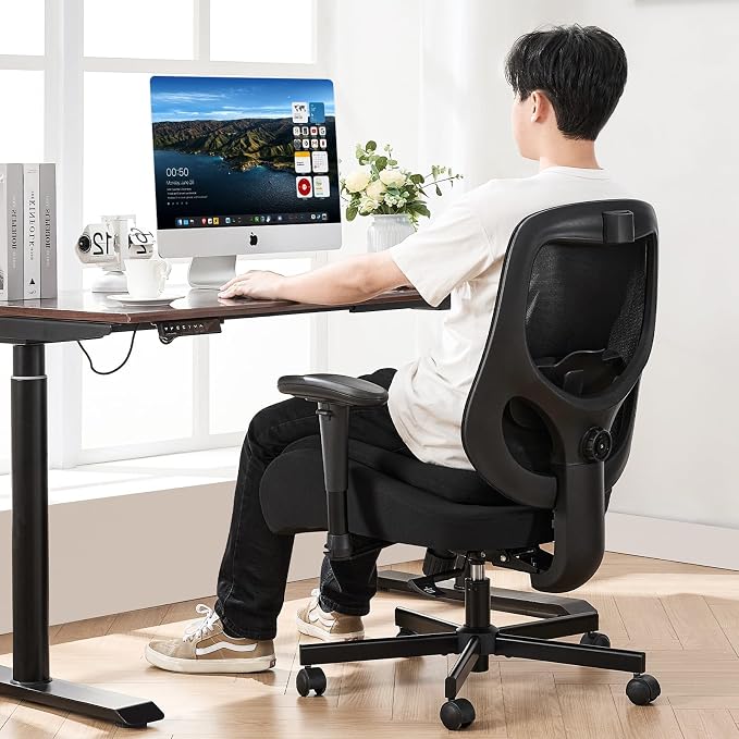 Office Chair with Ergonomic Lumbar Support and Mesh Back for Home Office, Desk Chair with Wide Seat and Adjustable Arms for Computer Desk, Computer Chair with Rocking Backrest and Wheels for Work