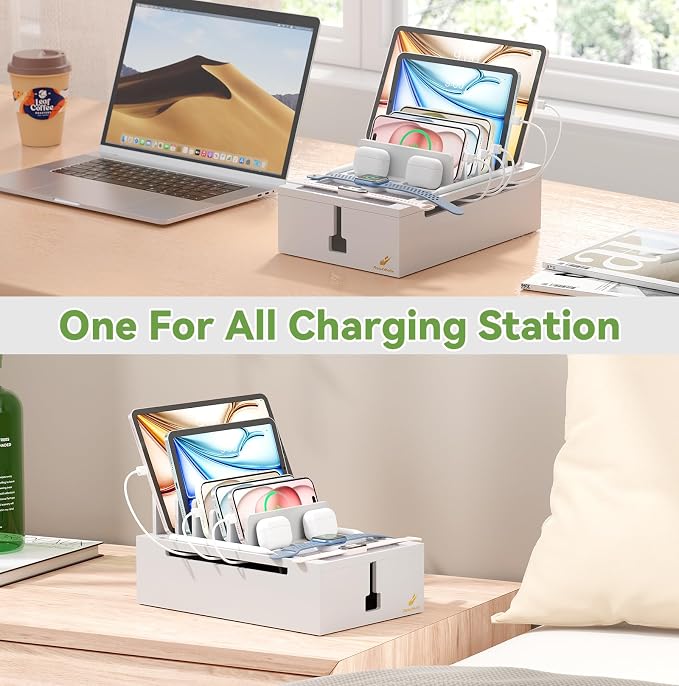 Pezin & Hulin Bamboo Charging Station-White (No USB Charger and Cables) | Electronic Devices Organizer for Multiple Devices Charger Such As Cell Phone, Tablet, Watch and More