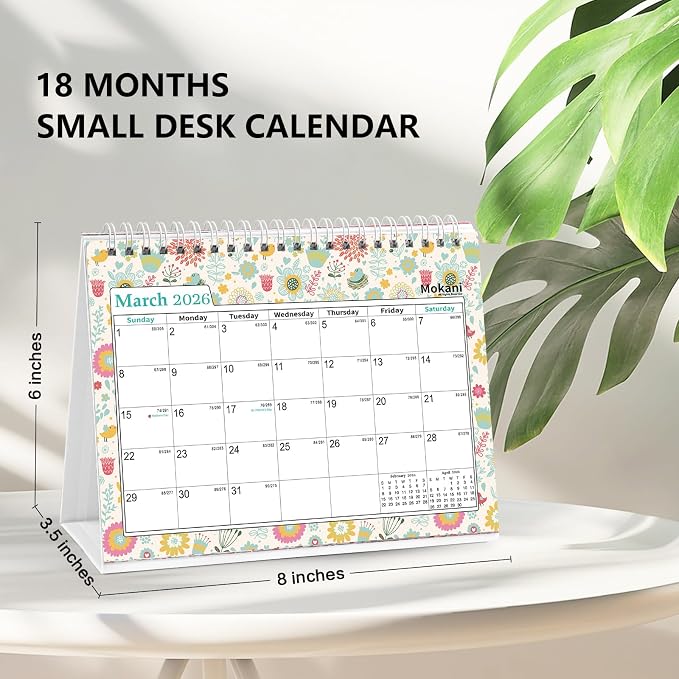 Small Desk Calendar 2026-2027, Mokani Standing Desktop Calendar (Jul.2026-Dec.2027), 18 Months Academic Flip Calender with Stickers & US Holidays Marked (8"x6")