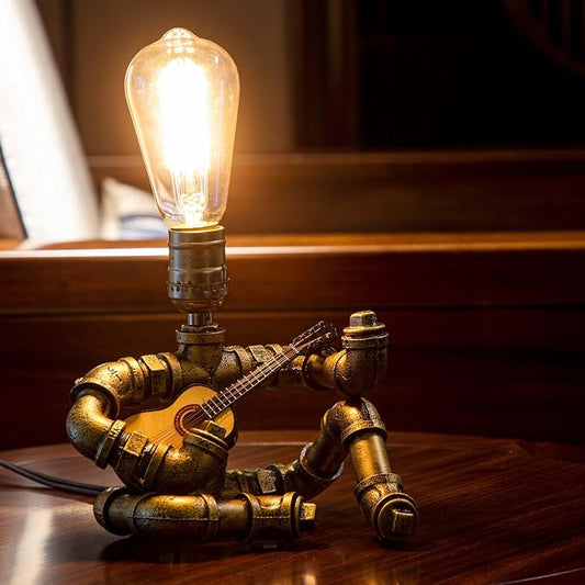 Music Guitar Table Lamp,Steampunk Table Lamp,Retro Guitars Steampunk lamp,Cool Industrial Metal Tube Robot Lamp Gifts for Music Lovers
