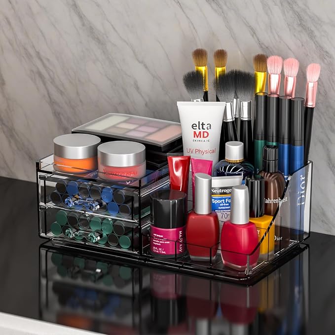 Acrylic Small Makeup Organizer with Drawers,Clear Skincare Organizer for Vanity,Dresser,Bathroom Countertop,Cute Cosmetic Organizer for Lip Gloss,Makeup Brush,Beauty,Skin Care and Cosmetic Storage