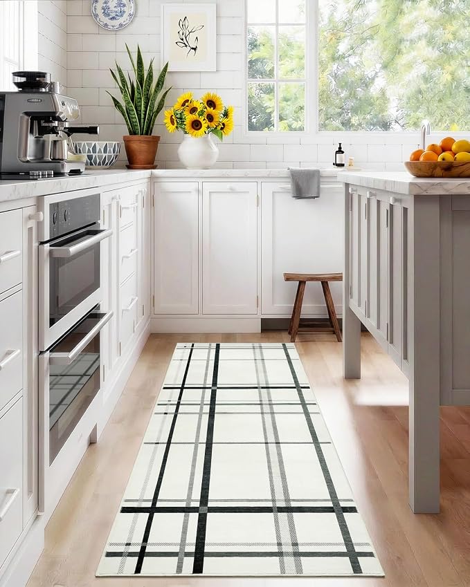 Terrug Plaid Runner Rugs for Kitchen, Beige 2x6 Checkered Area Rug Washable with Non Slip for Bedroom, Soft Low Pile Stain Resistance Carpet for Entryway Hallway