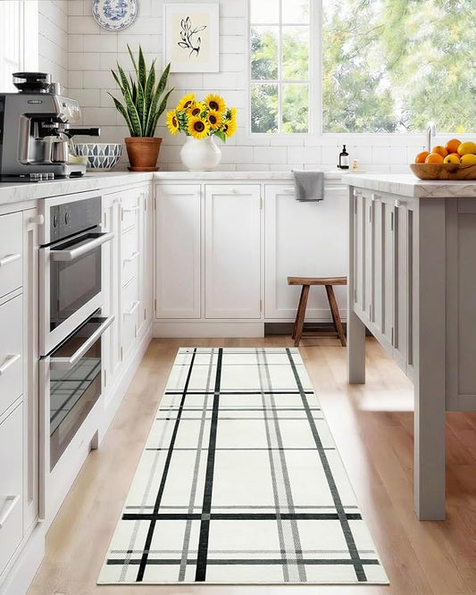 Terrug Plaid Runner Rugs for Kitchen, Beige 2x6 Checkered Area Rug Washable with Non Slip for Bedroom, Soft Low Pile Stain Resistance Carpet for Entryway Hallway
