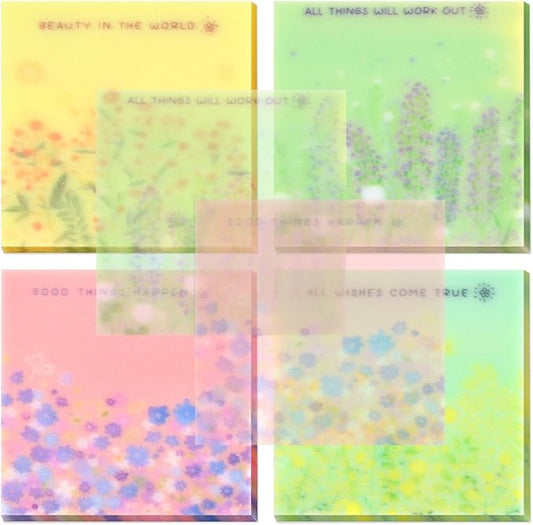 200 Sheets Transparent Sticky Notes, 3 x 3 Clear Self-Stick Note Glitter, Aesthetic Translucent Memo Pads, See Through Self-Adhesive Note for Office School (Multicolored Flower)
