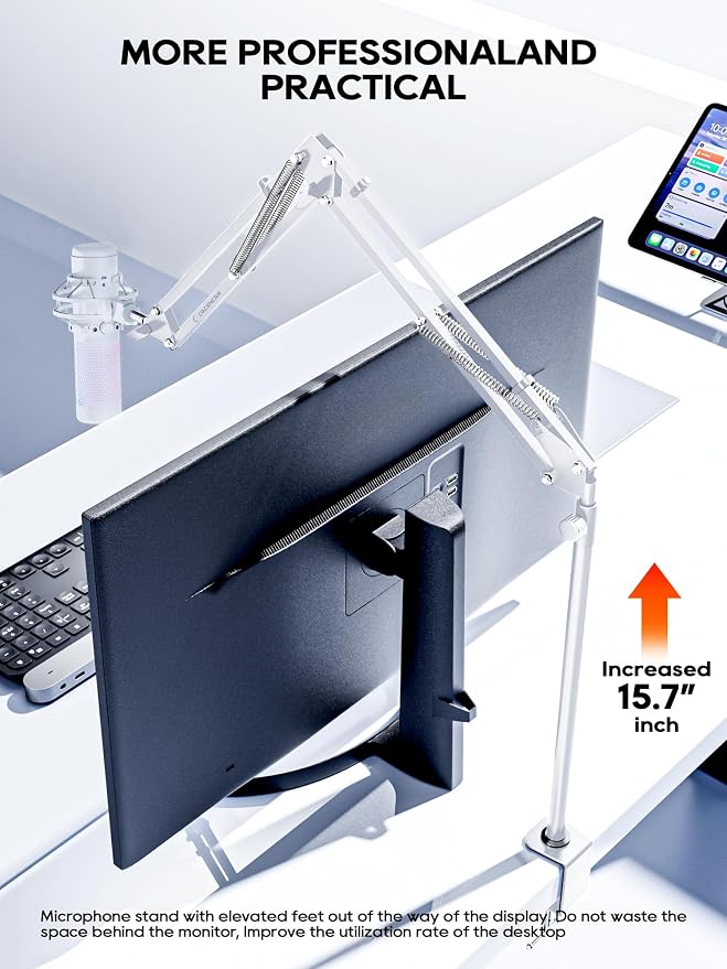 Premium White Overhead Mic Boom Arm, 15.7" Extra Tall Desk Mic Stand with 25.5" Reach, All-Aluminum Heavy Duty Microphone Arm, 1.8KG Load, 360° Adjustable for Streaming, Gaming, Podcast, YouTube