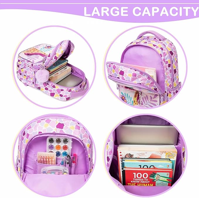 3PCS Backpacks for Girls Large Capacity School Bag with Lunch Box Kids Bookbag Set Travel Bag for Elementary Students Back to School Supplies (12816-3)