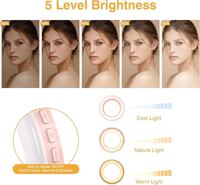 Clip on Ring Light, Kimwood Rechargeable 60 LED Selfie Ring Light for Phone, Laptop, Tablet (3 Models, 5 Level Brightness)