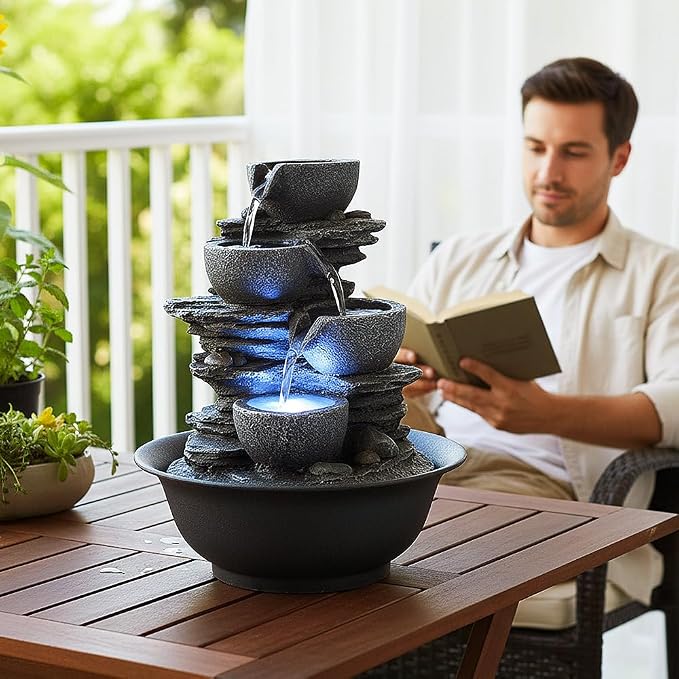 10.6” High Tabletop Water Fountain - 4-Tier Tabletop Fountain Indoor with LED Light, Rock Style Cascading Desk Fountain, Zen Relaxation Water Feature for Office, Living Room or Bedroom Decor