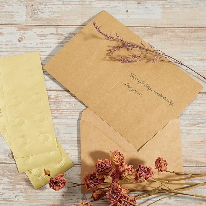50 Pack Kraft Paper A7 Envelopes with Cards and Gold Stickers, 5x7 | With Thick Folded Cardstock, For Greeting Cards, Wedding, Birthday, Invitations, Baby Showers