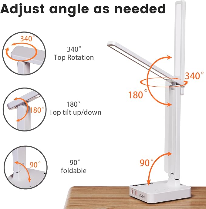 Desk Lamps for Home Office,Modern LED Desk Lamp for Dorm with USB Type C Port 2 AC Power Outlets,3 Lighting Mode,3 Level Brightness,Touch Control/Timer/Eye-Caring Foldable Table Lamp Study Desk Light
